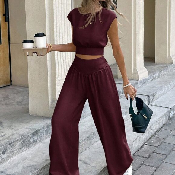 Pants - Burgundy Casual Women's Cropped Top and Pants Set